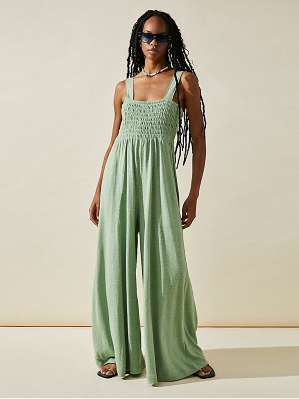 Free People Homecoming Smocked Wide-Leg Jumpsuit in Sage Green